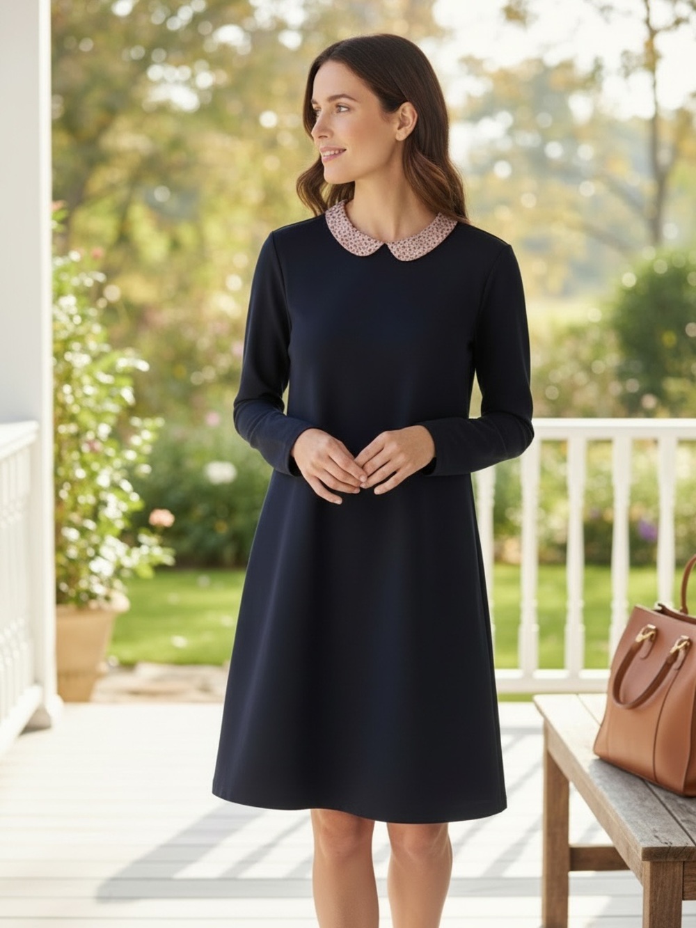 J. McLaughlin Black Long-Sleeve Dress with Cheetah Print Peter Pan Collar size S